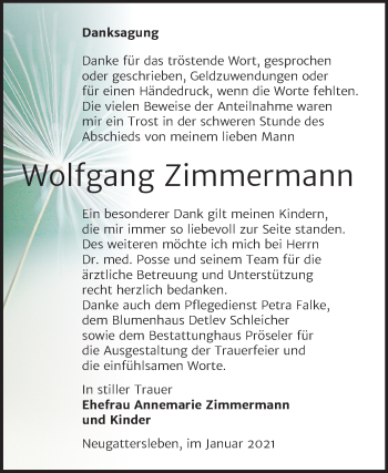 Traueranzeige von Wolfgang Zimmermann von Super Sonntag Bernburg