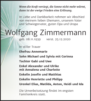 Traueranzeige von Wolfgang Zimmermann von Super Sonntag Bernburg
