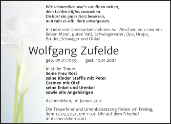 Traueranzeige von Wolfgang Zufelde von Mitteldeutsche Zeitung Aschersleben