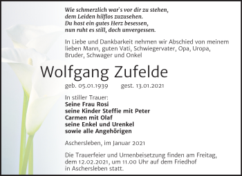 Traueranzeige von Wolfgang Zufelde von Super Sonntag Aschersleben