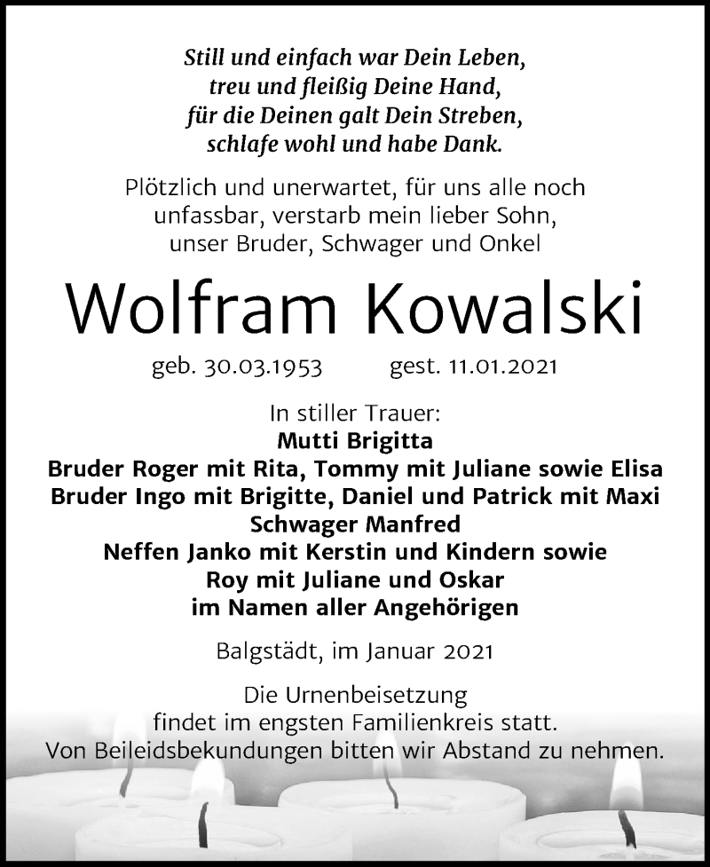  Traueranzeige für Wolfram Kowalski vom 23.01.2021 aus Super Sonntag Naumburg/Nebra