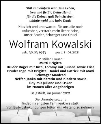 Traueranzeige von Wolfram Kowalski von Super Sonntag Naumburg/Nebra