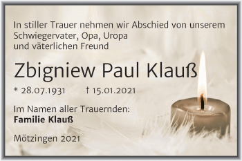 Traueranzeige von Zbigniew Paul Klauß von Mitteldeutsche Zeitung Halle/Saalkreis