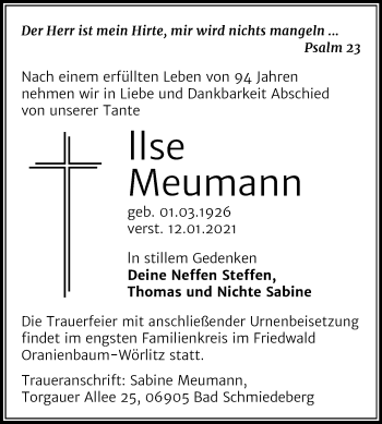 Traueranzeige von llse Meumann von Mitteldeutsche Zeitung Mansfelder Land