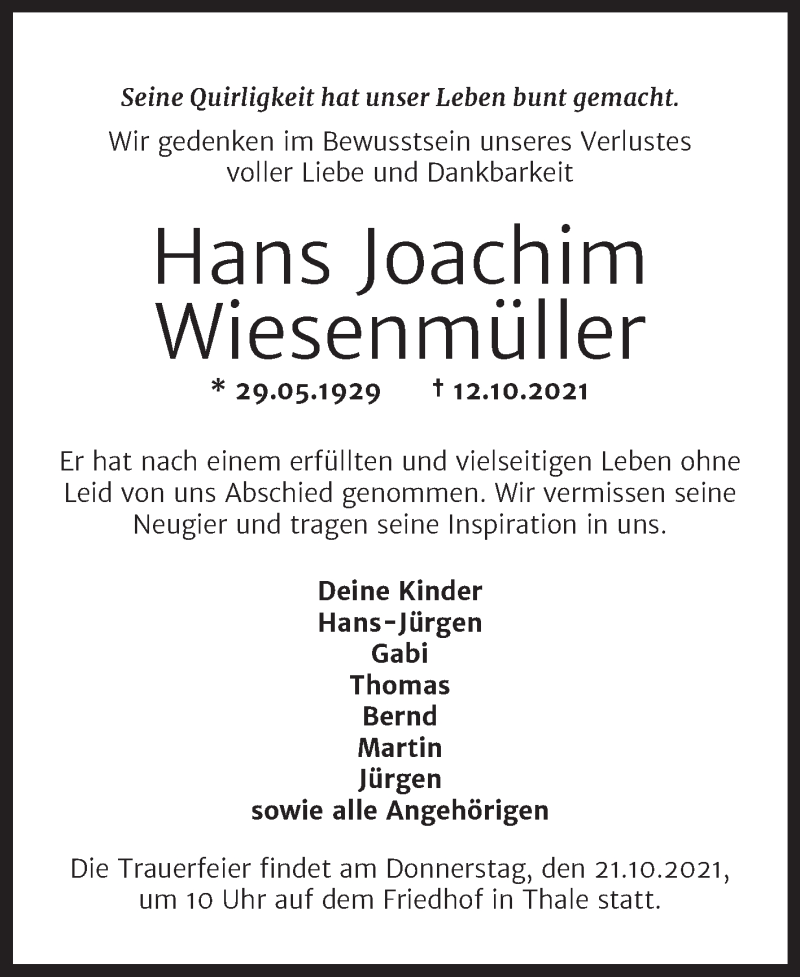  Traueranzeige für Hans Joachim Wiesenmüller vom 16.10.2021 aus Trauerkombi Quedlinburg