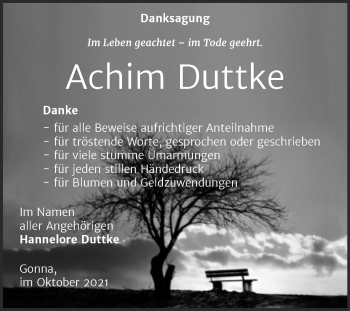 Traueranzeige von Achim Duttke von Trauerkombi Sangerhausen