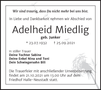 Traueranzeige von Adelheid Miedlig von Mitteldeutsche Zeitung Halle/Saalkreis