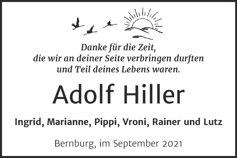  Traueranzeige für Adolf Hiller vom 09.10.2021 aus Trauerkombi Bernburg
