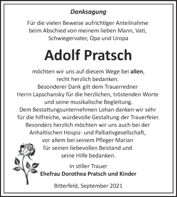 Traueranzeige von Adolf Pratsch von Trauerkombi Bitterfeld