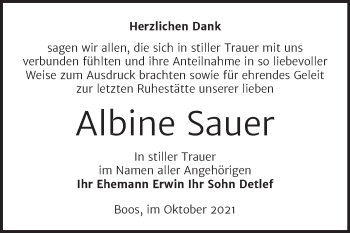 Traueranzeige von Albine Sauer von Trauerkombi Wittenberg