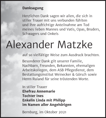 Traueranzeige von Alexander Matzke von Trauerkombi Bernburg