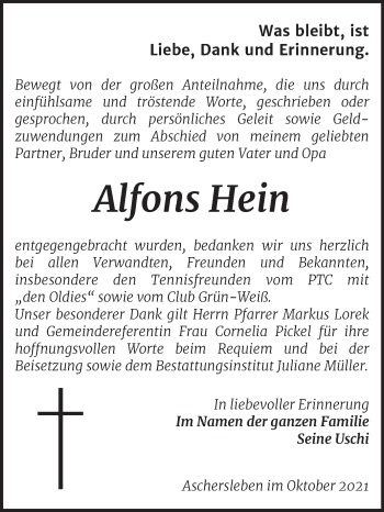 Traueranzeige von Alfons Hein von Trauerkombi Aschersleben