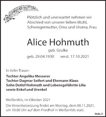 Traueranzeige von Alice Hohmuth von Trauerkombi Weißenfels
