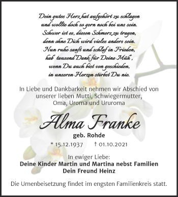 Traueranzeige von Alma Franke von Trauerkombi Merseburg