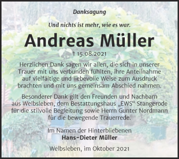 Traueranzeige von Andreas Müller von Trauerkombi Mansfelder Land