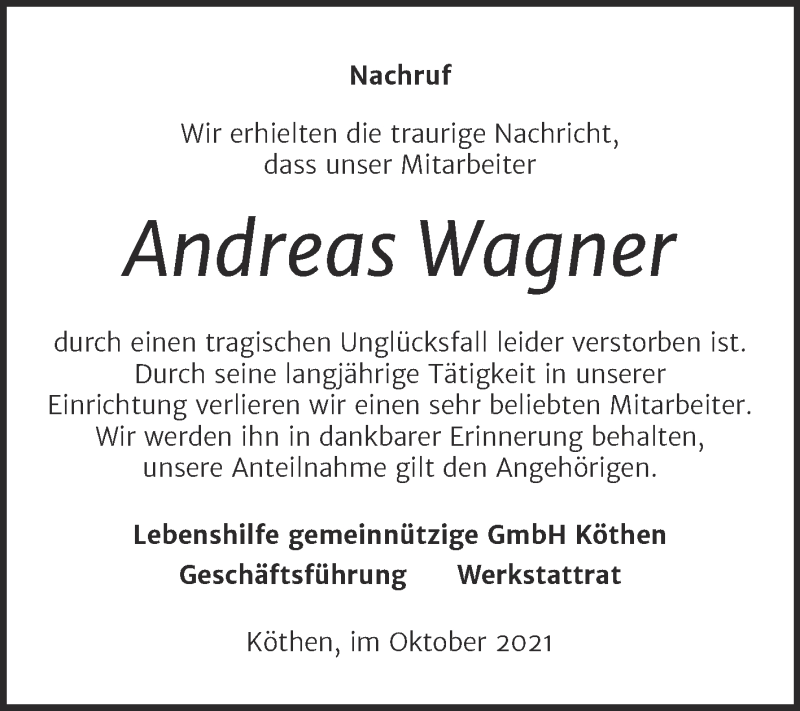  Traueranzeige für Andreas Wagner vom 09.10.2021 aus Mitteldeutsche Zeitung Köthen