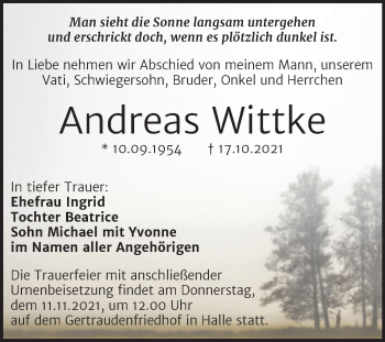 Traueranzeige von Andreas Wittke von Mitteldeutsche Zeitung Halle/Saalkreis