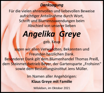 Traueranzeige von Angelika Greye von Trauerkombi Aschersleben