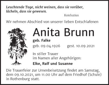 Traueranzeige von Anita Brunn von Mitteldeutsche Zeitung Halle/Saalkreis