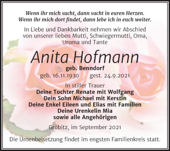 Traueranzeige von Anita Hofmann von Trauerkombi Weißenfels