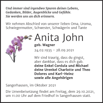 Traueranzeige von Anita John von Trauerkombi Sangerhausen