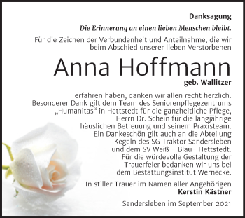 Traueranzeige von Anna Hoffmann von Trauerkombi Mansfelder Land