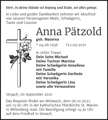 Traueranzeige von Anna Pätzold von Trauerkombi Wittenberg