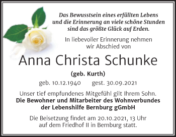 Traueranzeige von Anna Christa Schunke von Super Sonntag Bernburg