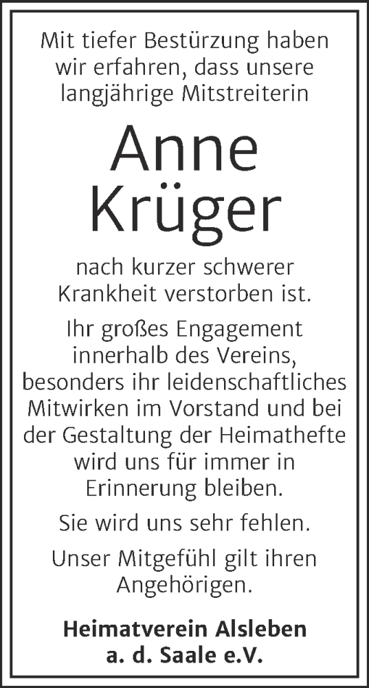  Traueranzeige für Anne Krüger vom 09.10.2021 aus Super Sonntag Bernburg