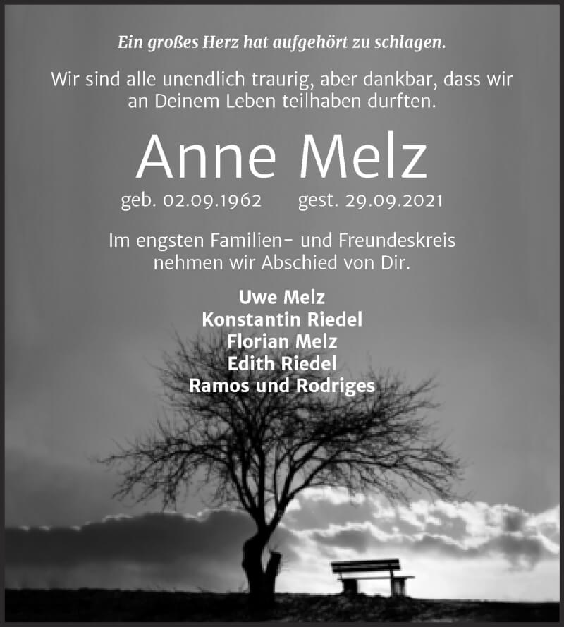  Traueranzeige für Anne Melz vom 23.10.2021 aus Trauerkombi Quedlinburg