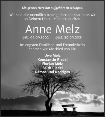 Traueranzeige von Anne Melz von Trauerkombi Quedlinburg