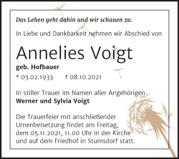 Traueranzeige von Annelies Voigt von Trauerkombi Bitterfeld