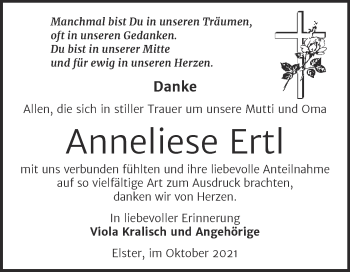 Traueranzeige von Anneliese Ertl von Trauerkombi Wittenberg