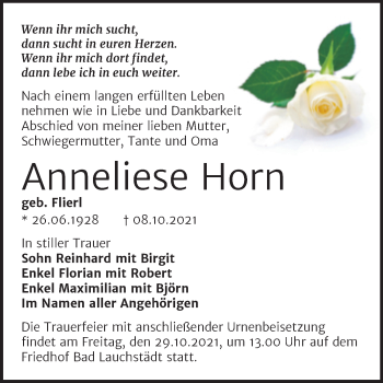Traueranzeige von Anneliese Horn von Trauerkombi Merseburg