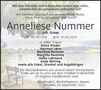 Traueranzeige von Anneliese Nummer von Trauerkombi Bitterfeld