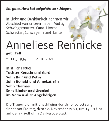 Traueranzeige von Anneliese Rennicke von Trauerkombi Quedlinburg