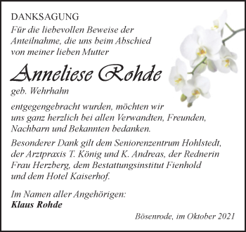 Traueranzeige von Anneliese Rohde von Trauerkombi Sangerhausen