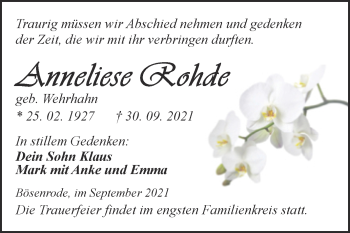 Traueranzeige von Anneliese Rohde von Trauerkombi Sangerhausen