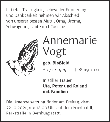 Traueranzeige von Annemarie Vogt von Trauerkombi Bernburg