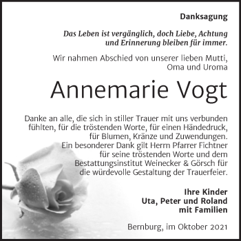 Traueranzeige von Annemarie Vogt von Trauerkombi Bernburg
