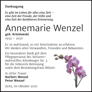 Traueranzeige von Annemarie Wenzel von Trauerkombi Zeitz