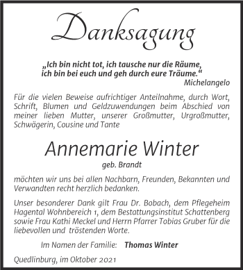 Traueranzeige von Annemarie Winter von Trauerkombi Quedlinburg