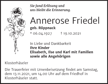 Traueranzeige von Annerose Friedel von Wochenspiegel Naumburg/Nebra