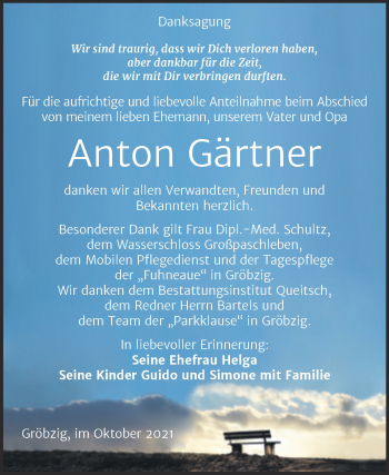 Traueranzeige von Anton Gärtner von Trauerkombi Köthen
