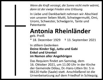 Traueranzeige von Antonia Rheinländer von Mitteldeutsche Zeitung Halle/Saalkreis
