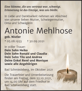 Traueranzeige von Antonie Mehlhose von Trauerkombi Wittenberg