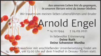 Traueranzeige von Arnold Engel von Trauerkombi Dessau