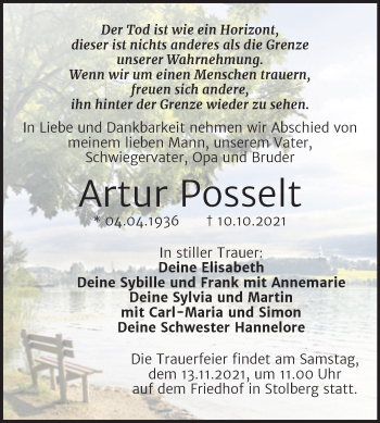 Traueranzeige von Artur Posselt von Trauerkombi Sangerhausen