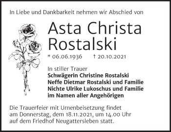 Traueranzeige von Asta Christa Rostalski von Trauerkombi Bernburg