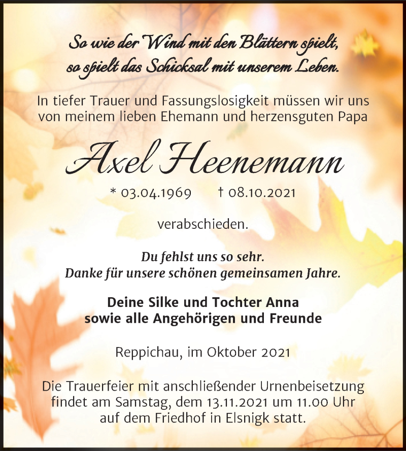  Traueranzeige für Axel Heenemann vom 30.10.2021 aus Trauerkombi Köthen
